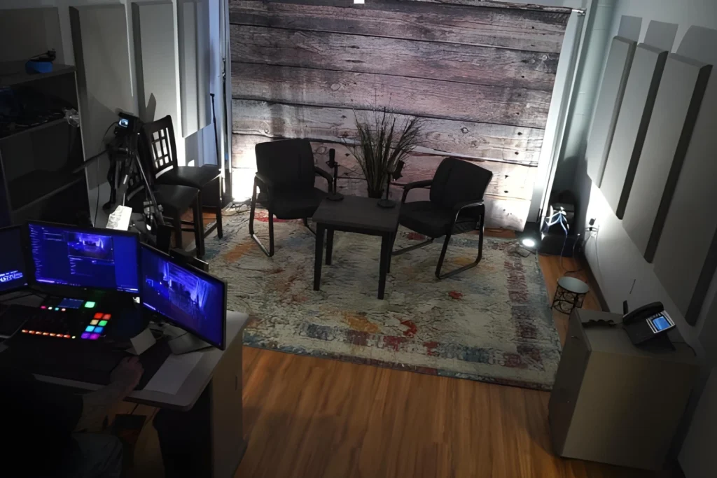Professional podcasting studio setup with a rustic wooden backdrop, two chairs, microphones, and a control desk.