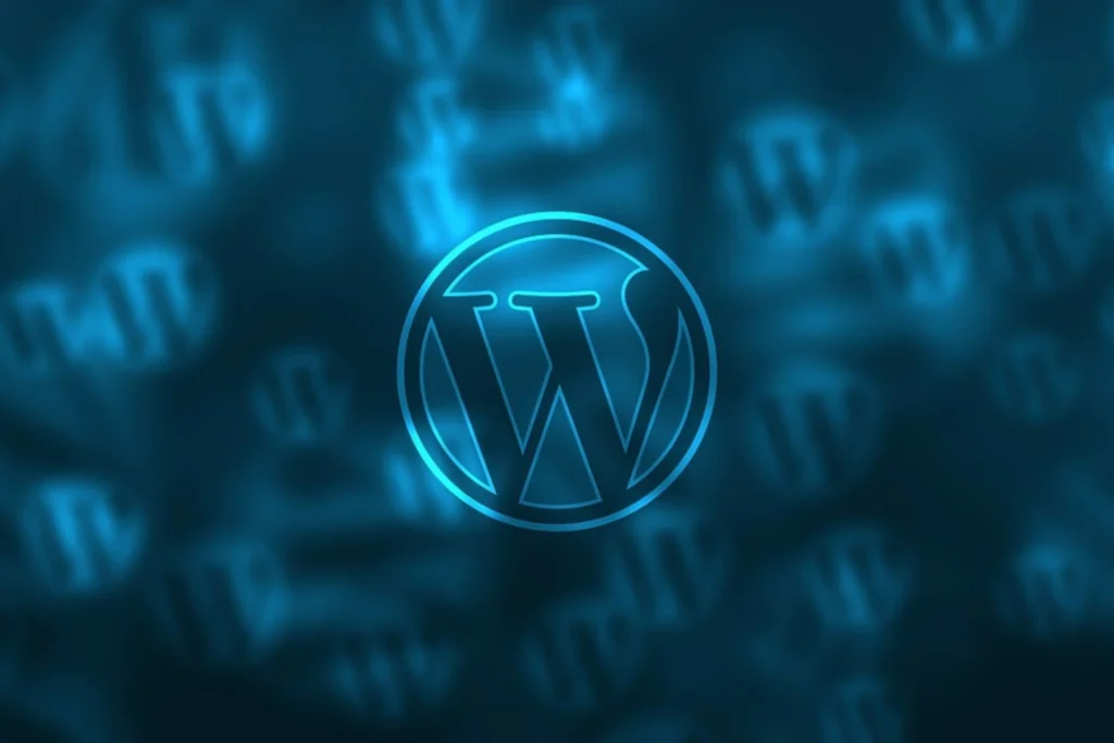 WordPress logo with a glowing blue design on a blurred background